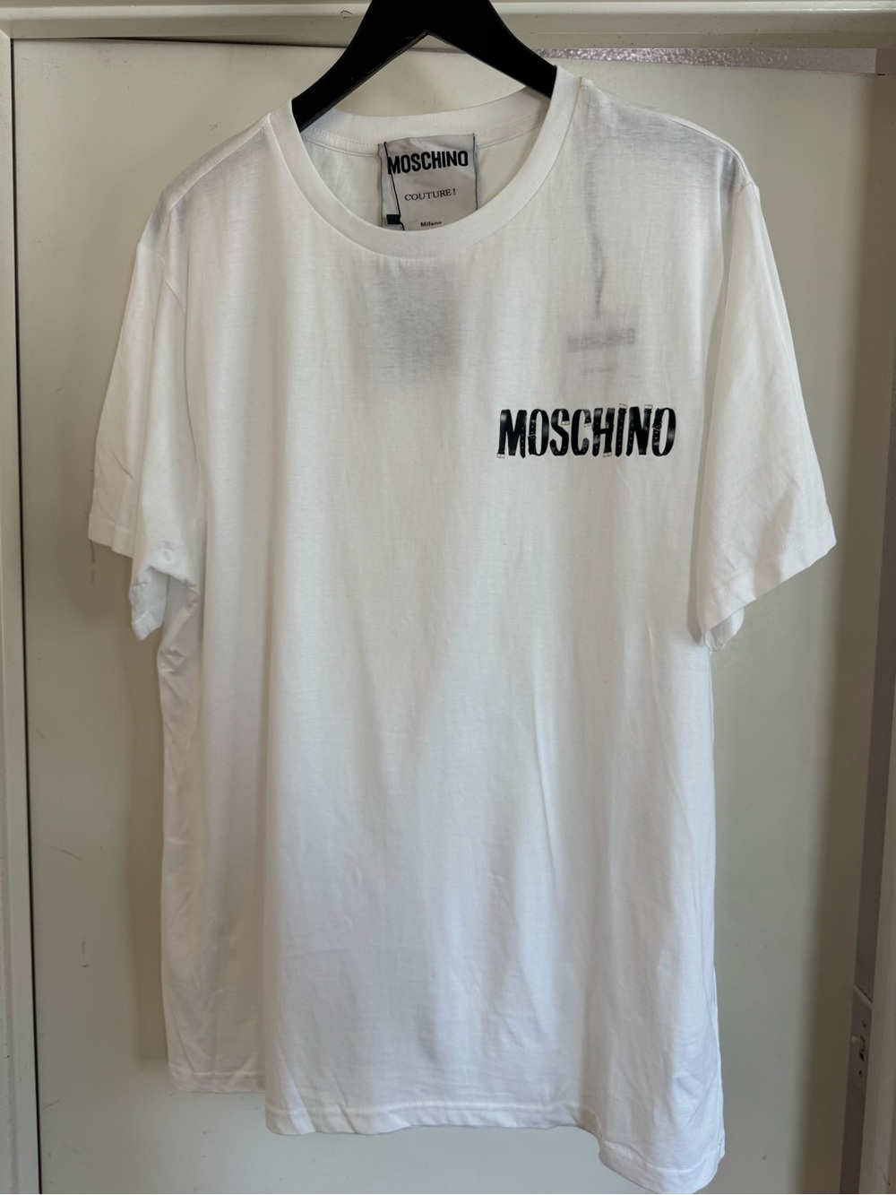 Moschino White Short Sleeve Logo Tee with Black Print